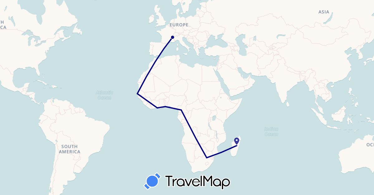TravelMap itinerary: driving in Côte d'Ivoire, Cameroon, France, Madagascar, Senegal, Togo, South Africa (Africa, Europe)
